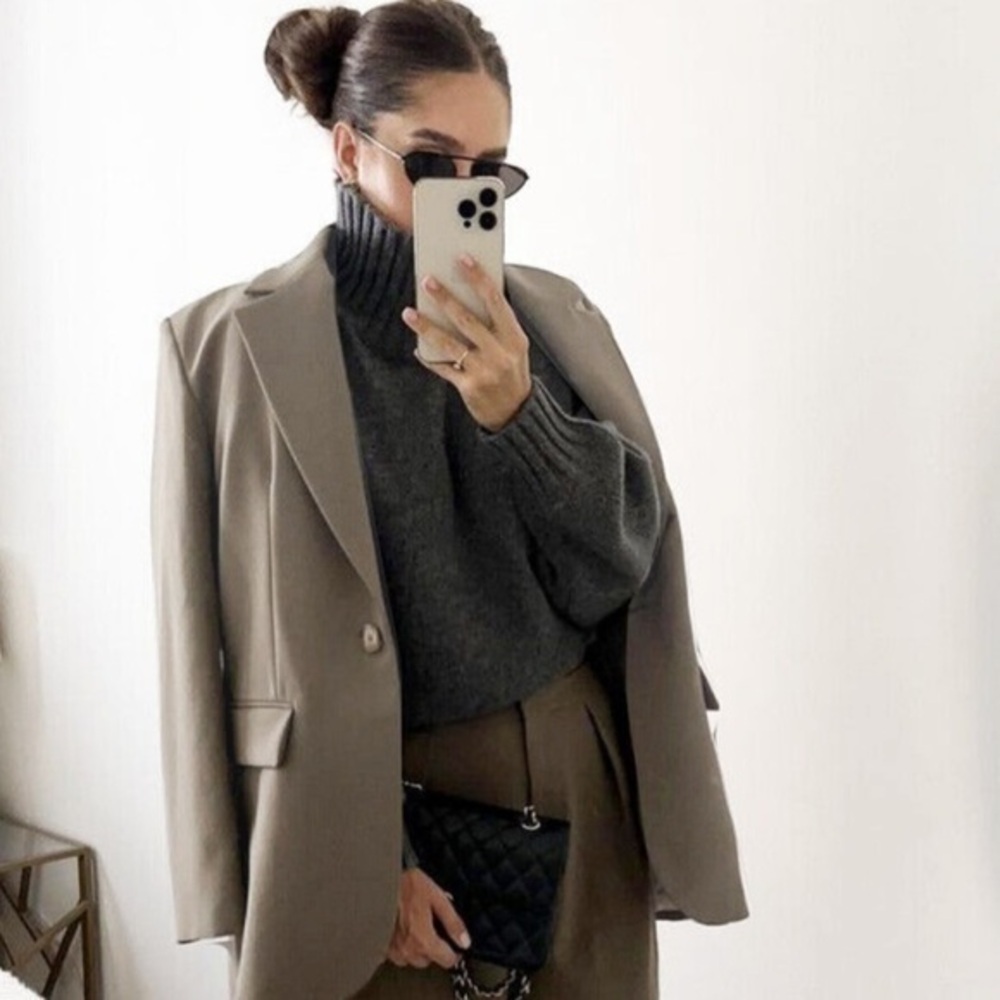 Zara Taupe Blazer with Gray Sweater